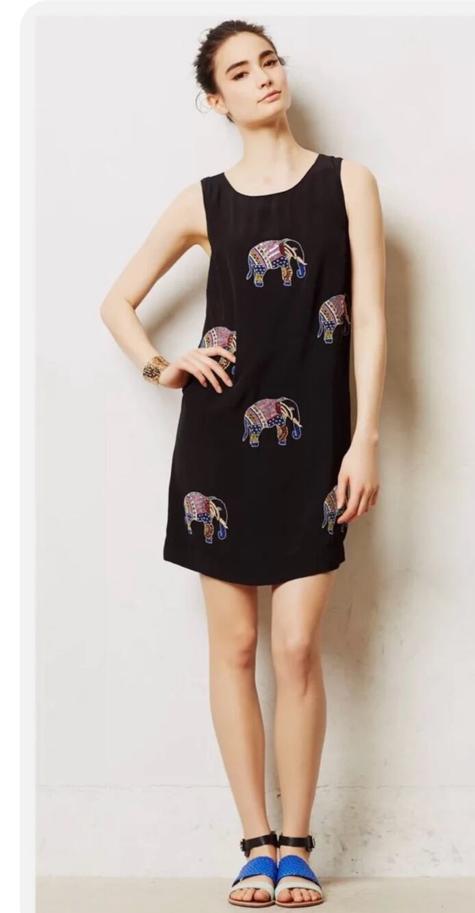 Anthropologie Leifsdottir Embroidered Beaded Elephant Elefanten Dress Size 4